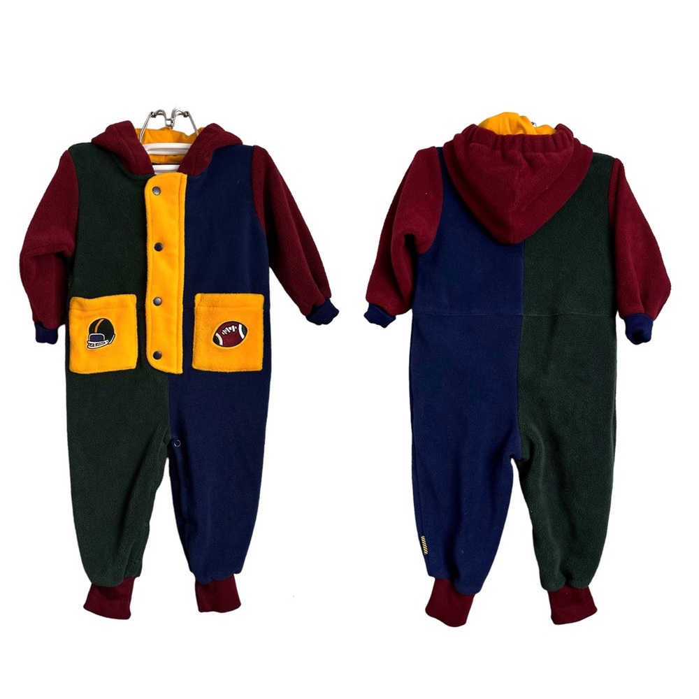 Vintage 90s Color Block Fleece Hooded Bodysuit 12-18 Months